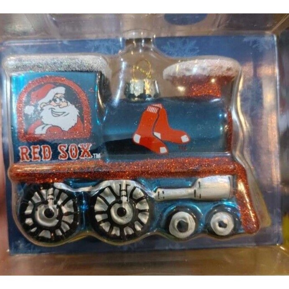 BOSTON RED SOX BLOWN GLASS TRAIN ORNAMENT WITH SANTA ON 1 SIDE, RUDOLPH ON OTHER
